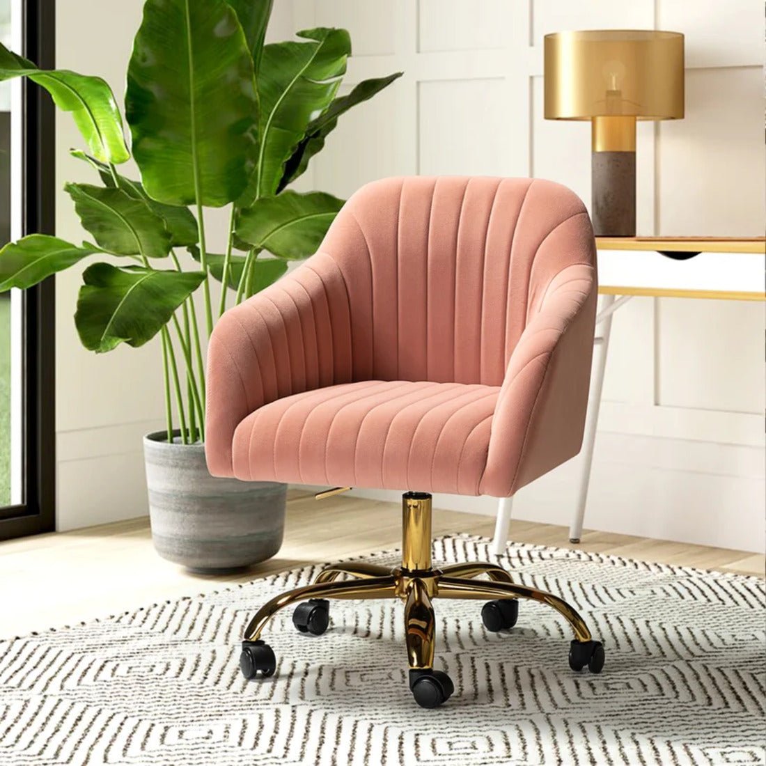 Refined Baby Pink Tufted Velvet Comfy Armchair with Golden Legs - Decor Smart