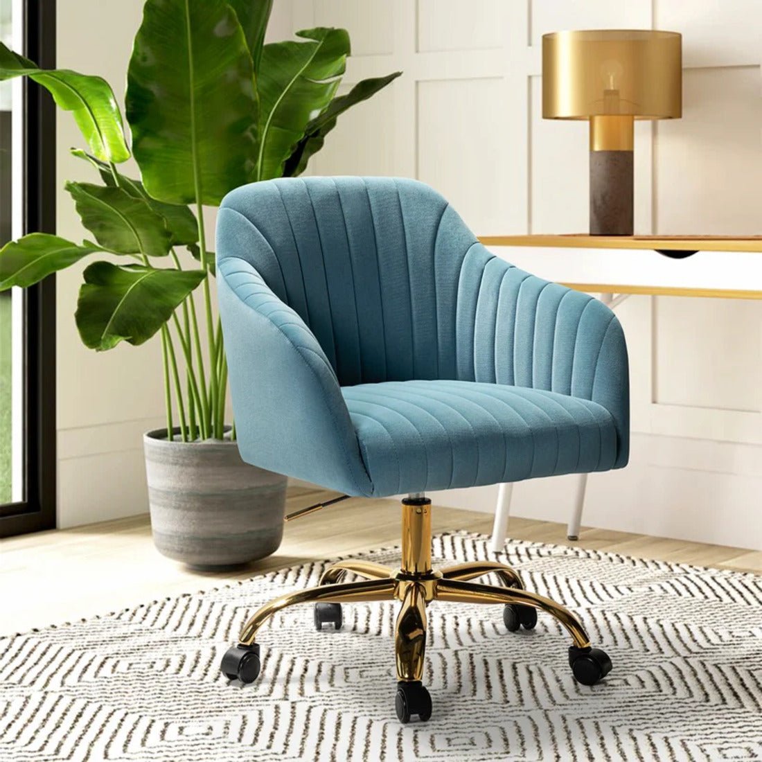 Refined Sky Blue Tufted Velvet Comfy Armchair with Golden Legs - Decor Smart