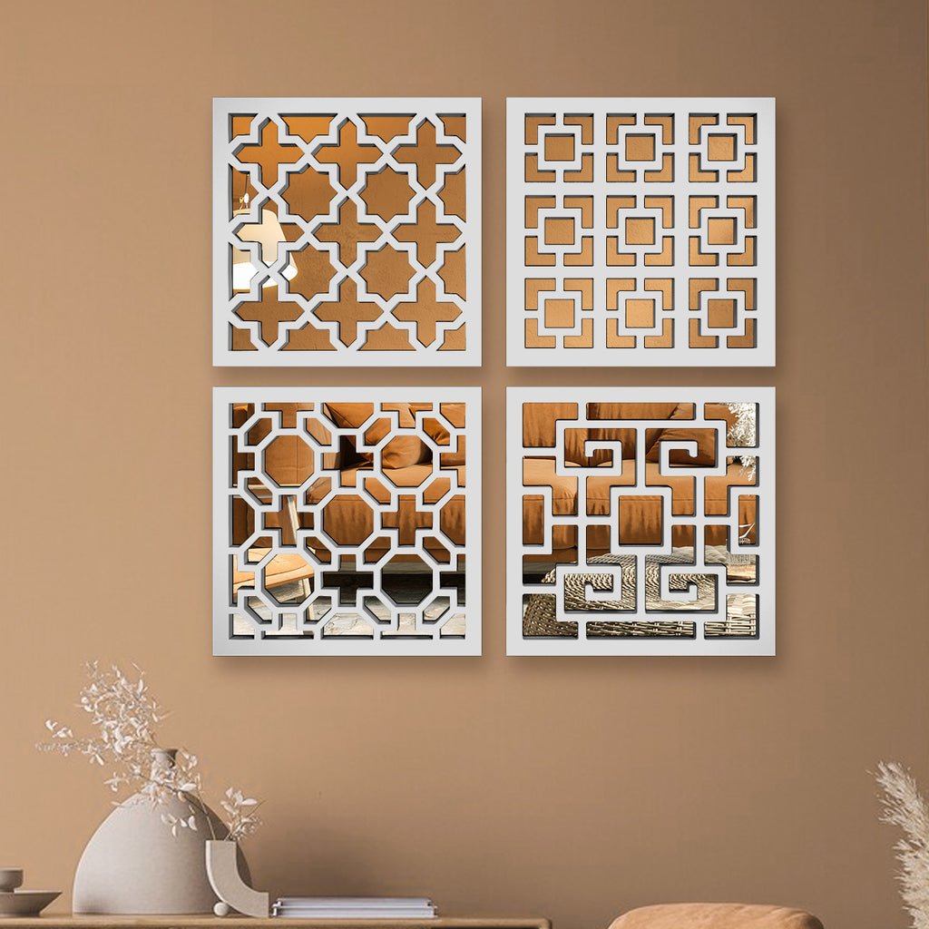 Regal Intricate Pattern Wooden Mirror Wall Art Set of 4 - Decor Smart