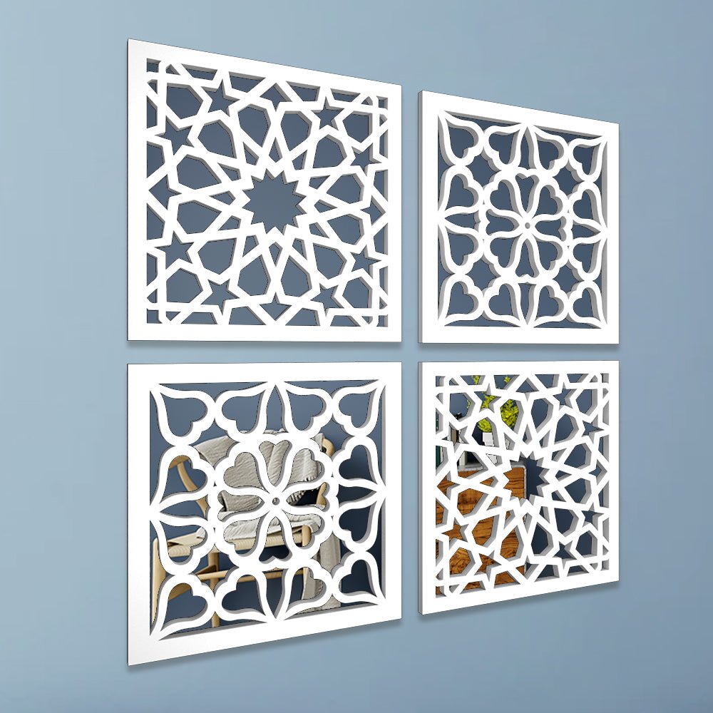 Regal Intricate Pattern Wooden Mirror Wall Art Set of 4 - Decor Smart