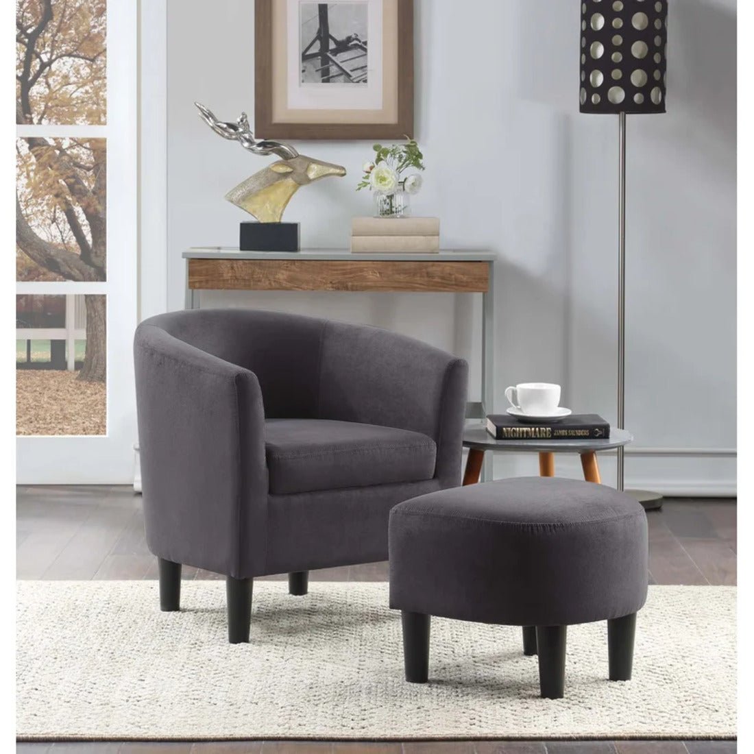 Rich Brown Comfy Round Back Velvet Accent Chair with Ottoman - Decor Smart