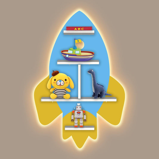 Rocket Shape Wooden Wall Shelf LED Light Wall Shelf for Kids - Decor Smart