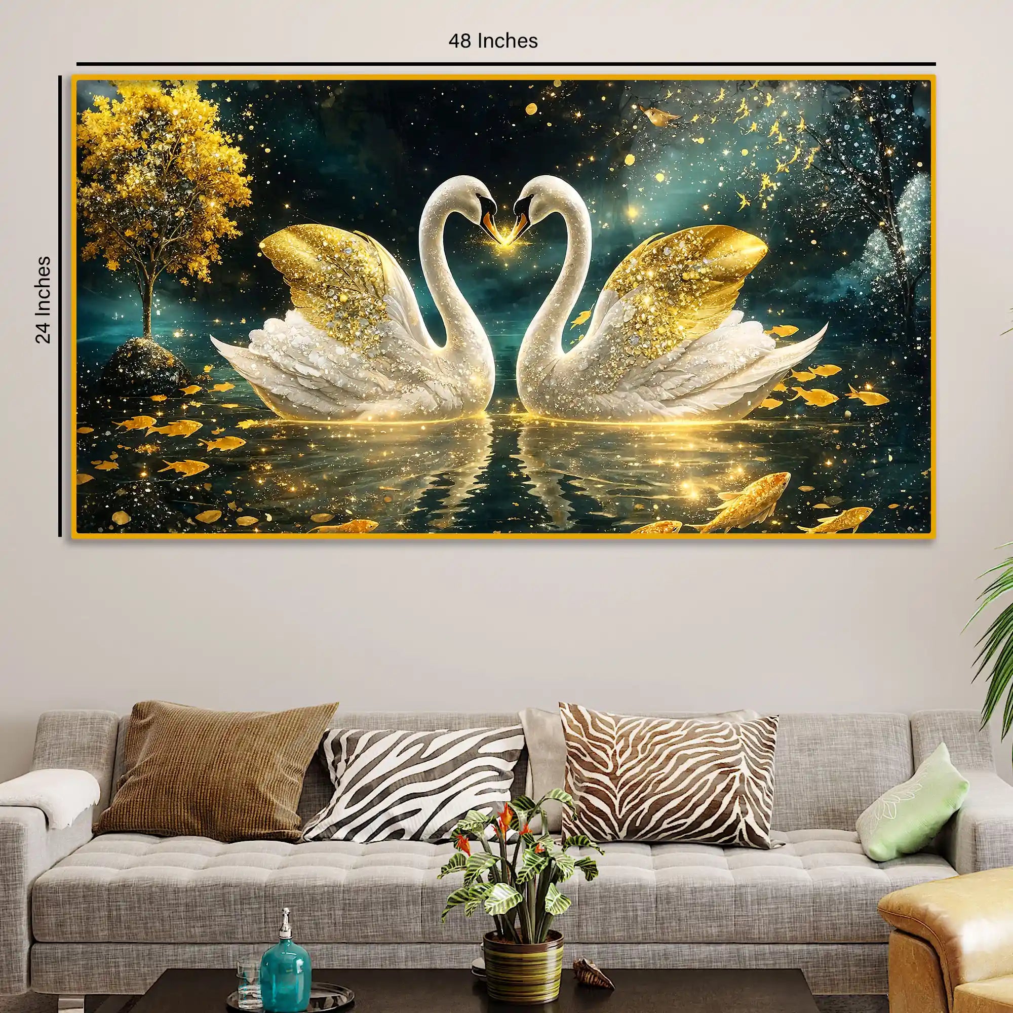 Romantic Swan Couple Crystal Glass Wall Art Home Decor Painting