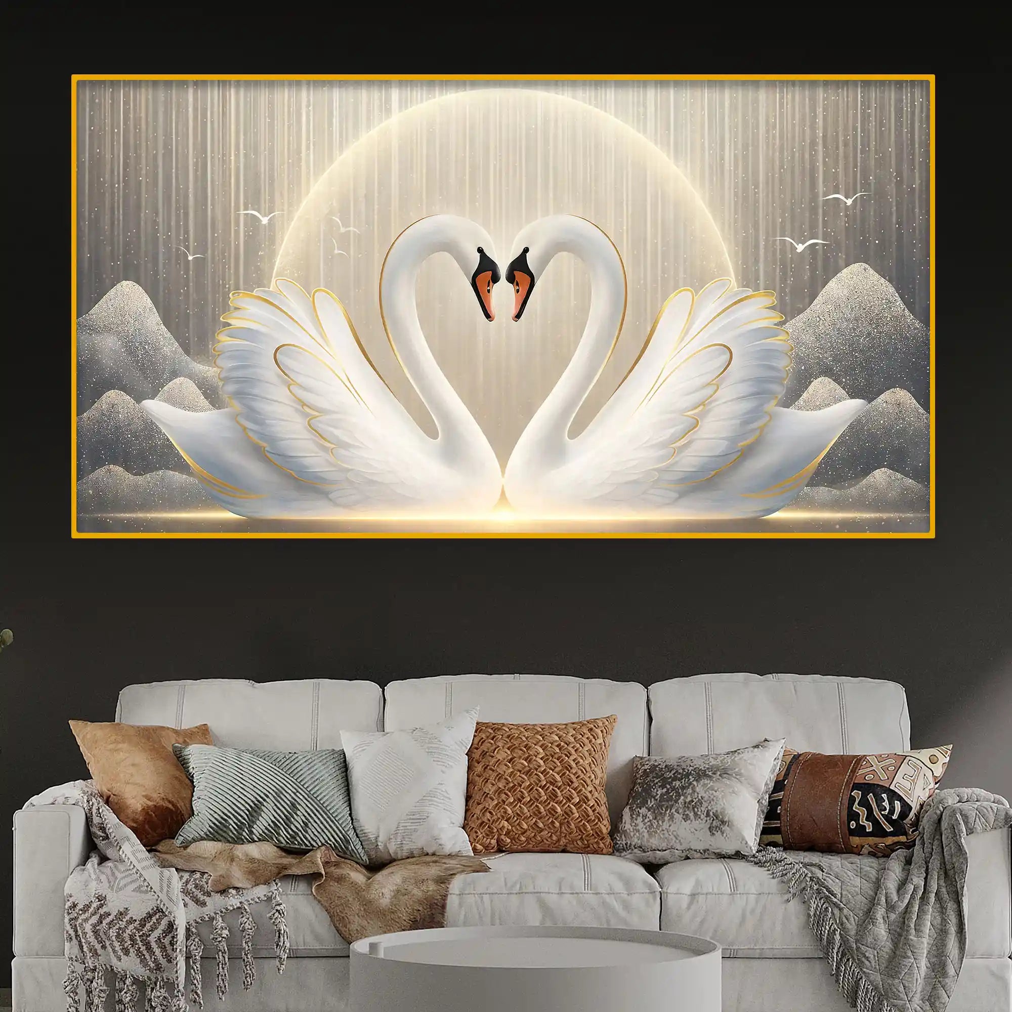 Romantic Swan Pair Heart Shape Crystal Glass Painting for Living Room Décor