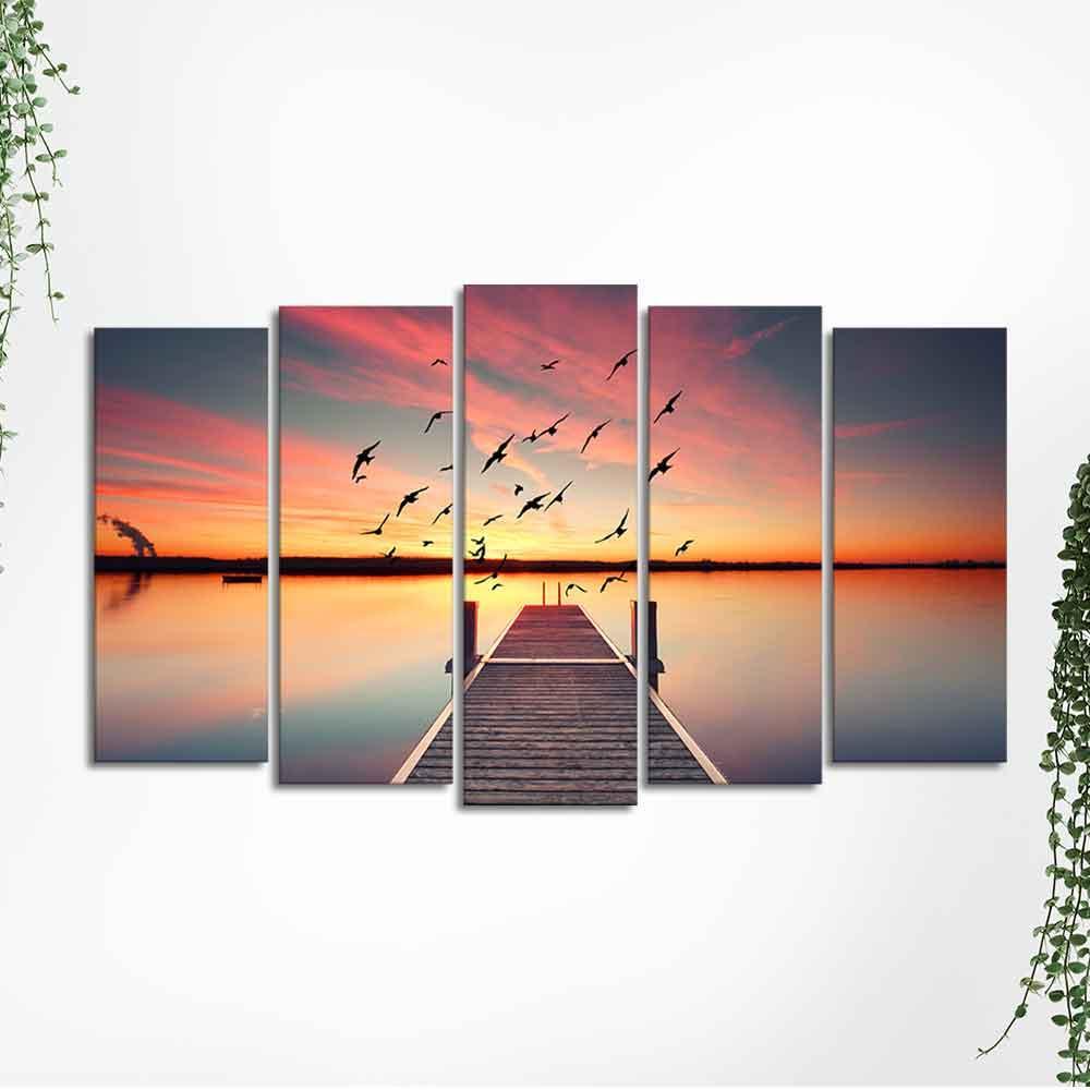 Romantic Wooden Jetty in Sunset Canvas wall Painting of Five Pieces - Decor Smart