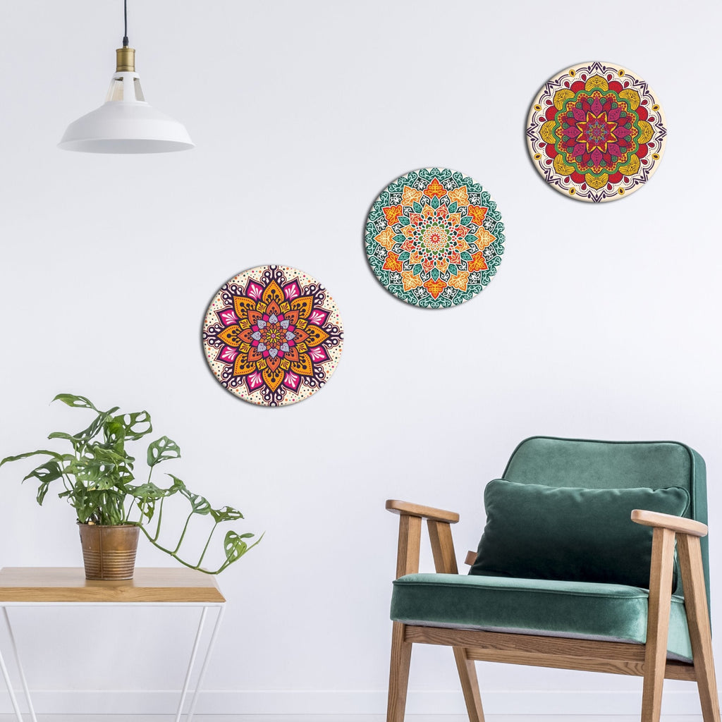 Round Shape Canvas Wall Painting of Mandala Design 3 Pieces