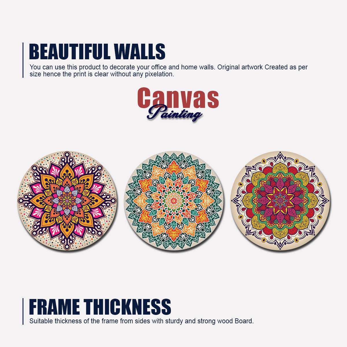 Round Shape Canvas Wall Painting of Mandala Design 3 Pieces