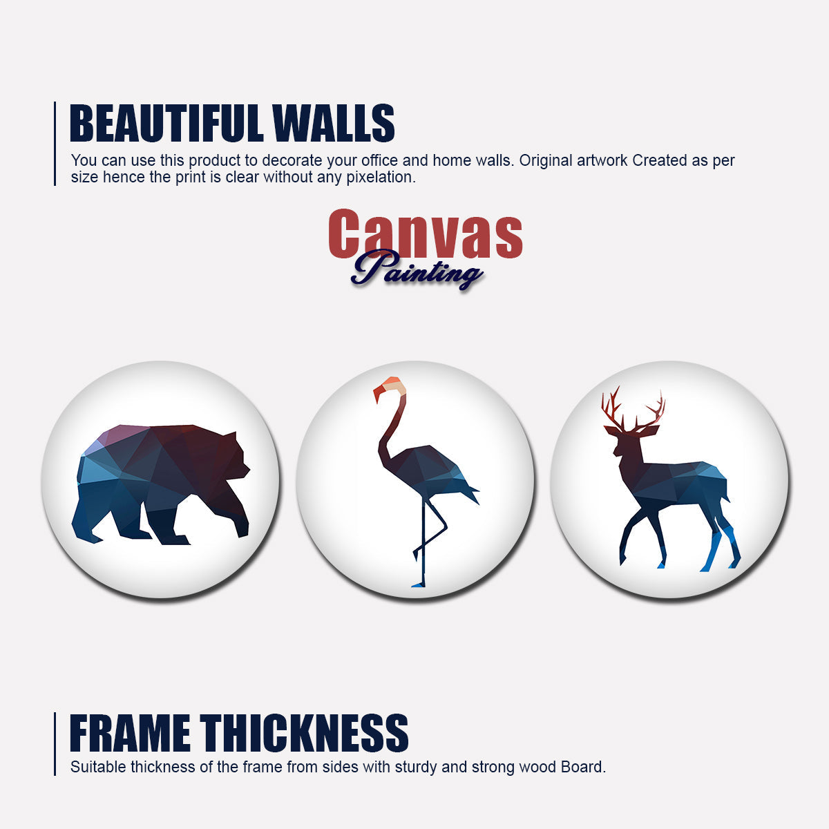 Round Shape Canvas Wall Painting of Wild Animals 3 Pieces