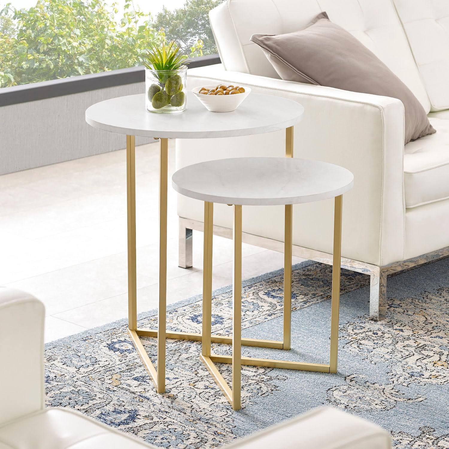 Round Shape Iron Stand Side Marble Table Set of 2 - Decor Smart