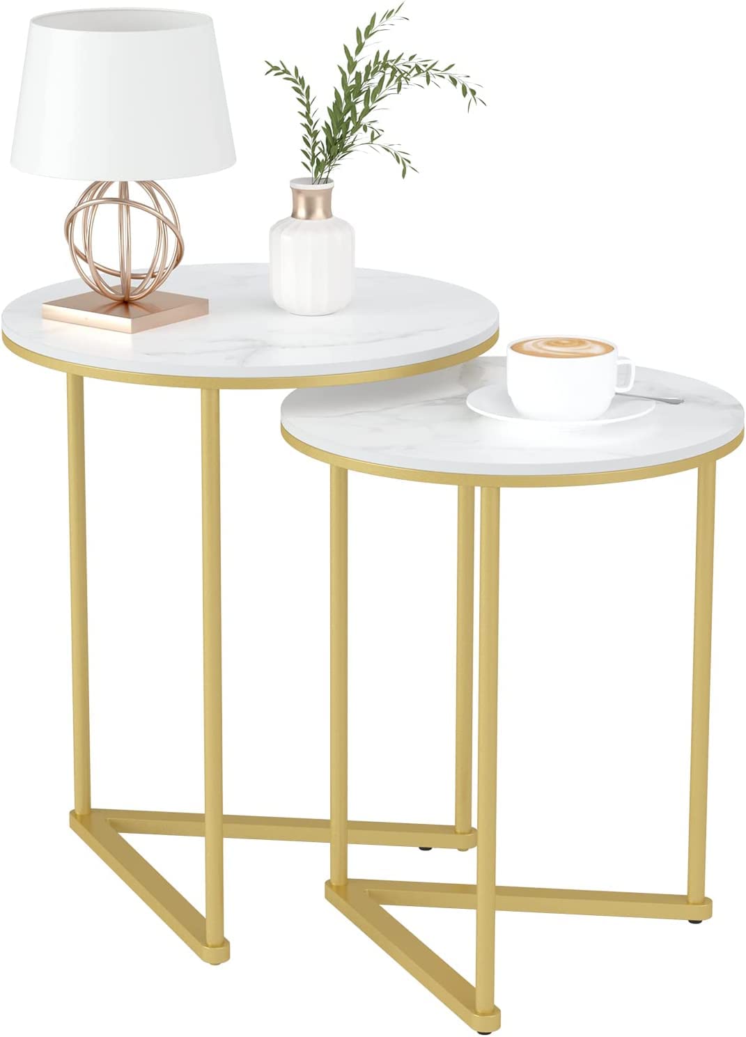 Round Shape Iron Stand Side Marble Table Set of 2 - Decor Smart