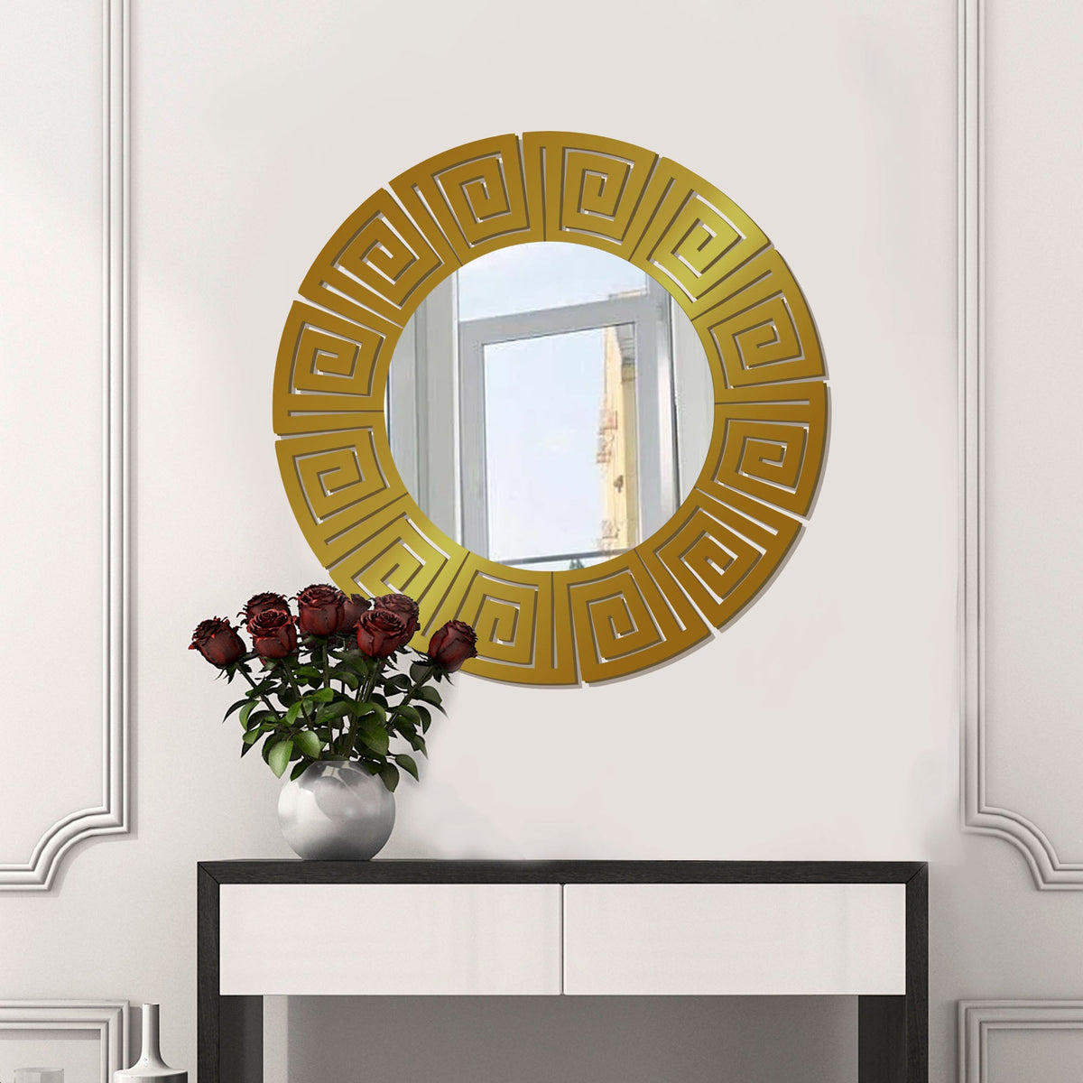 Round Shape Unique Design Stylish Wooden Wall Mirror With Gold Texture - Decor Smart