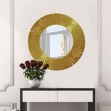 Round Shape Unique Design Stylish Wooden Wall Mirror With Gold Texture - Decor Smart