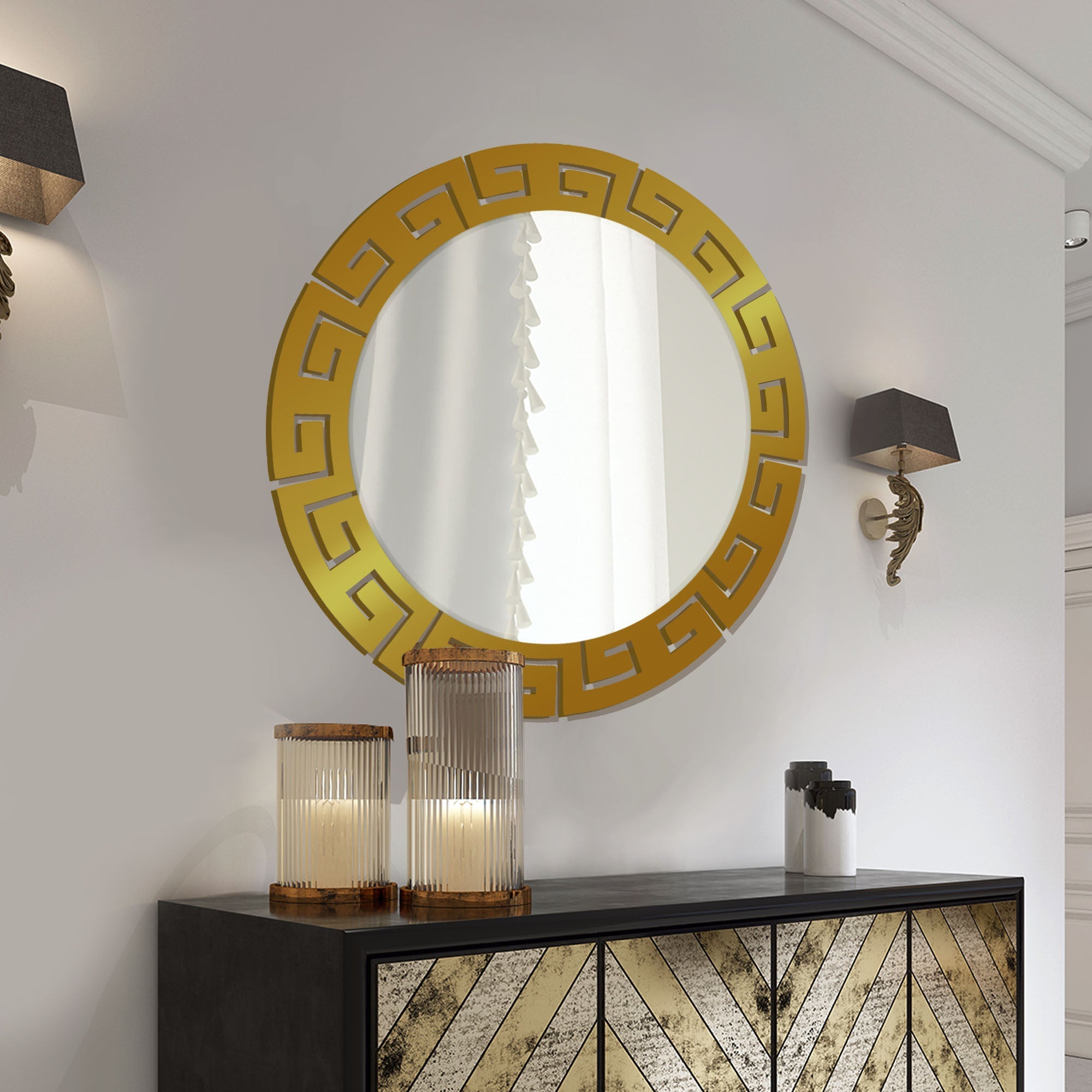Round Shape Unique Design Wooden Wall Mirror With Gold Texture - Decor Smart