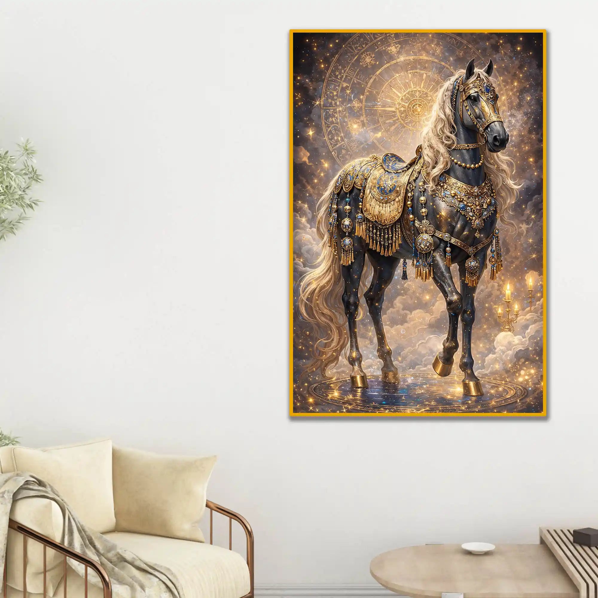 Royal Black Horse Floating Frame Crystal Wall Painting