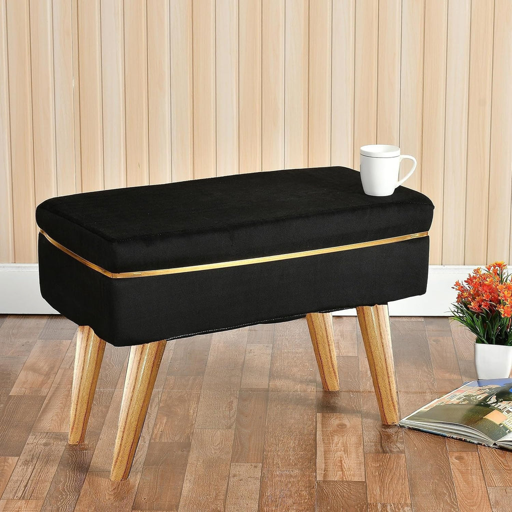 Royal Black Velvet Ottoman Bench with Golden Classic Legs