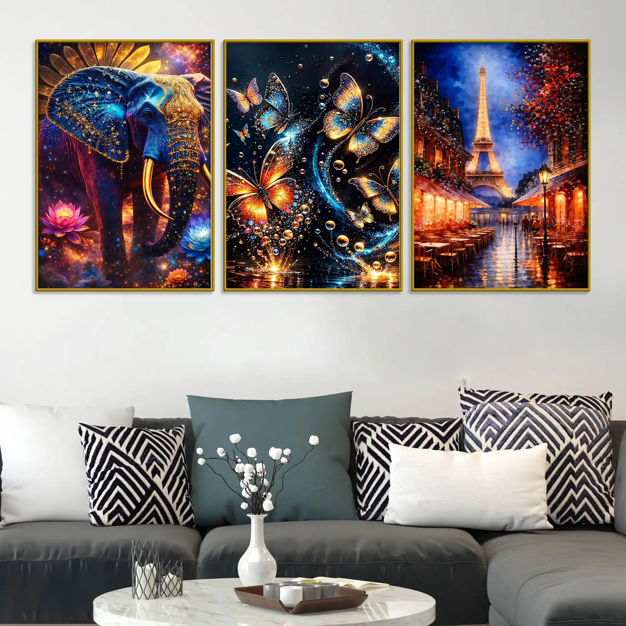 Royal Elephant Butterflies and Paris Eiffel Tower Floating Frame Crystal Wall Painting Set of 3