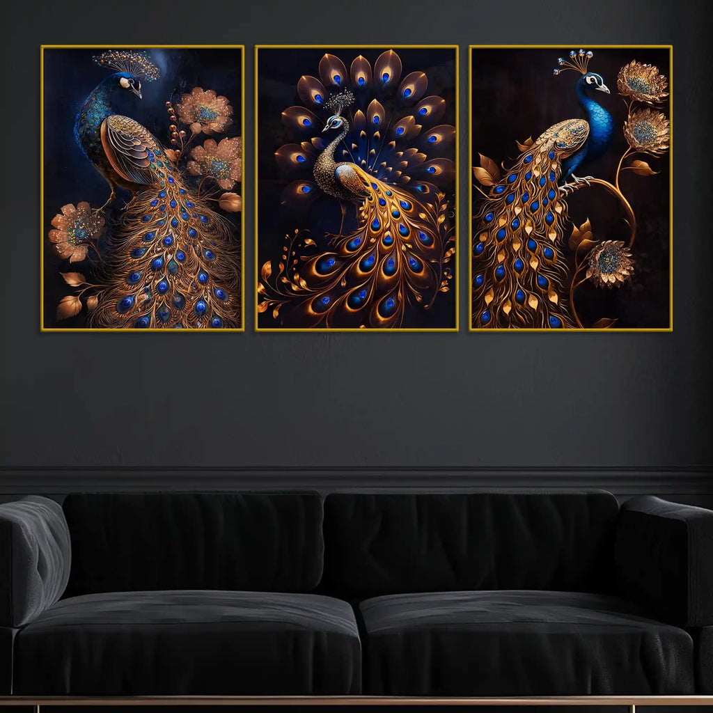 Royal Gold Peacock with Blue Jewel Tones Floating Frame Crystal Wall Painting Set of 3