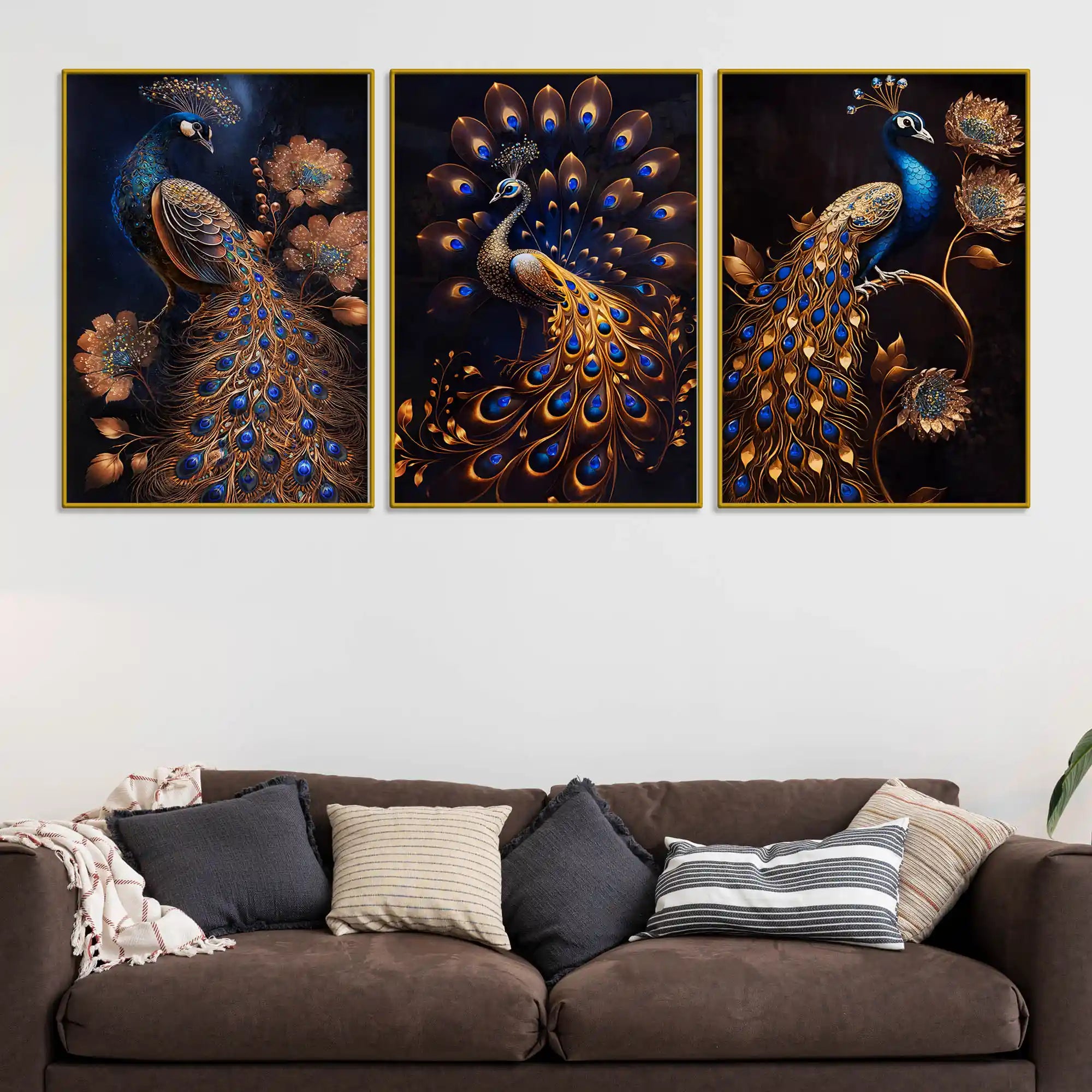 Royal Gold Peacock with Blue Jewel Tones Floating Frame Crystal Wall Painting Set of 3