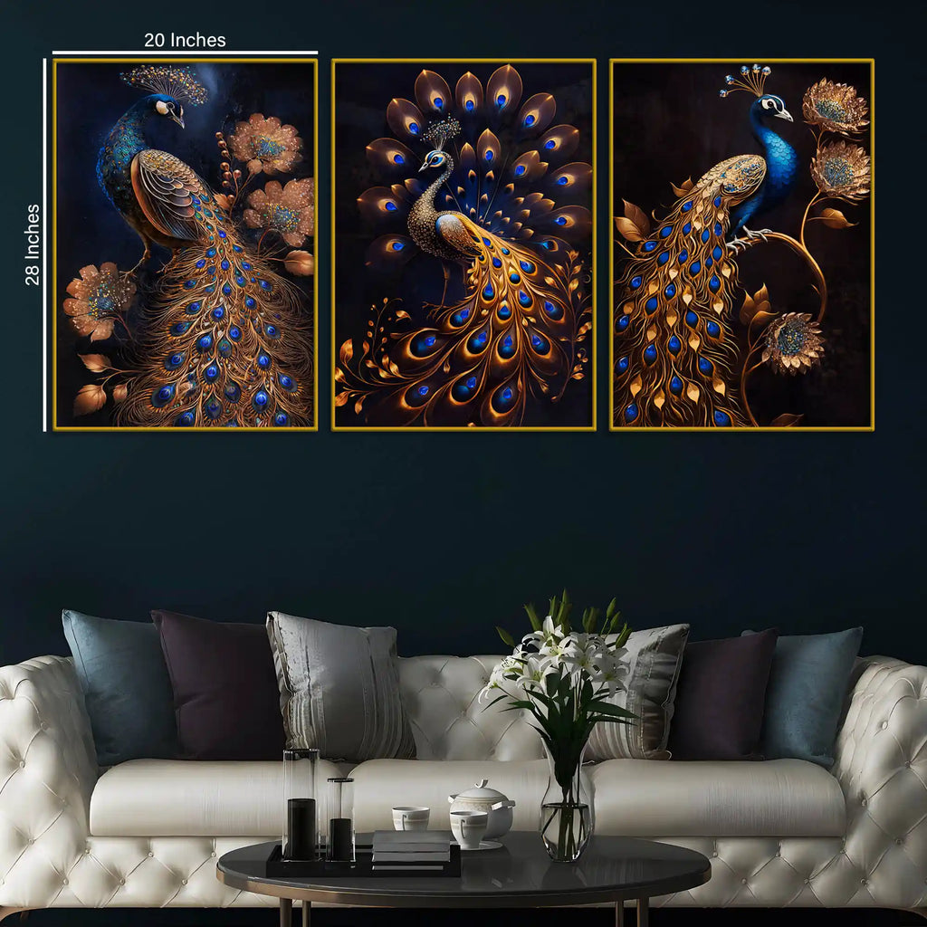 Royal Gold Peacock with Blue Jewel Tones Floating Frame Crystal Wall Painting Set of 3