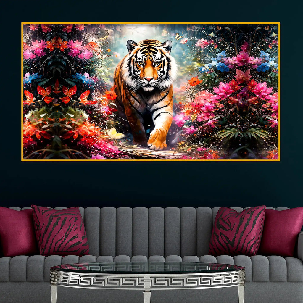 Royal Tiger In Floral Garden Crystal Glass Painting for Luxury Wall Decor