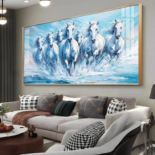 Running Horses Art in River Premium Acrylic Floating Wall Painting - Decor Smart