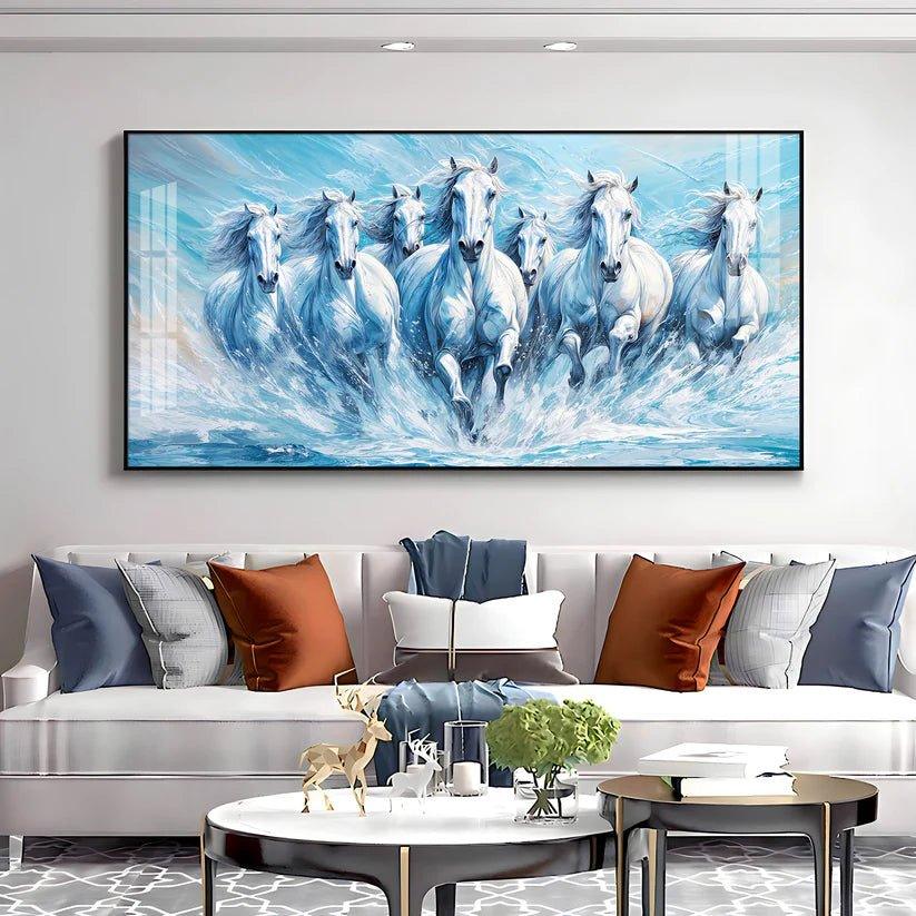 Running Horses Art in River Premium Acrylic Floating Wall Painting - Decor Smart