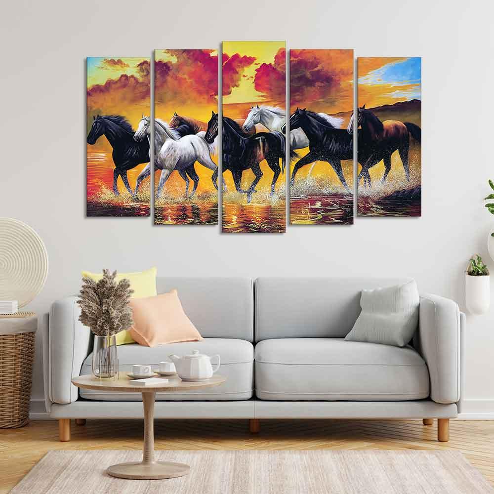 Running Seven Horses Wall Painting of Five Pieces - Decor Smart