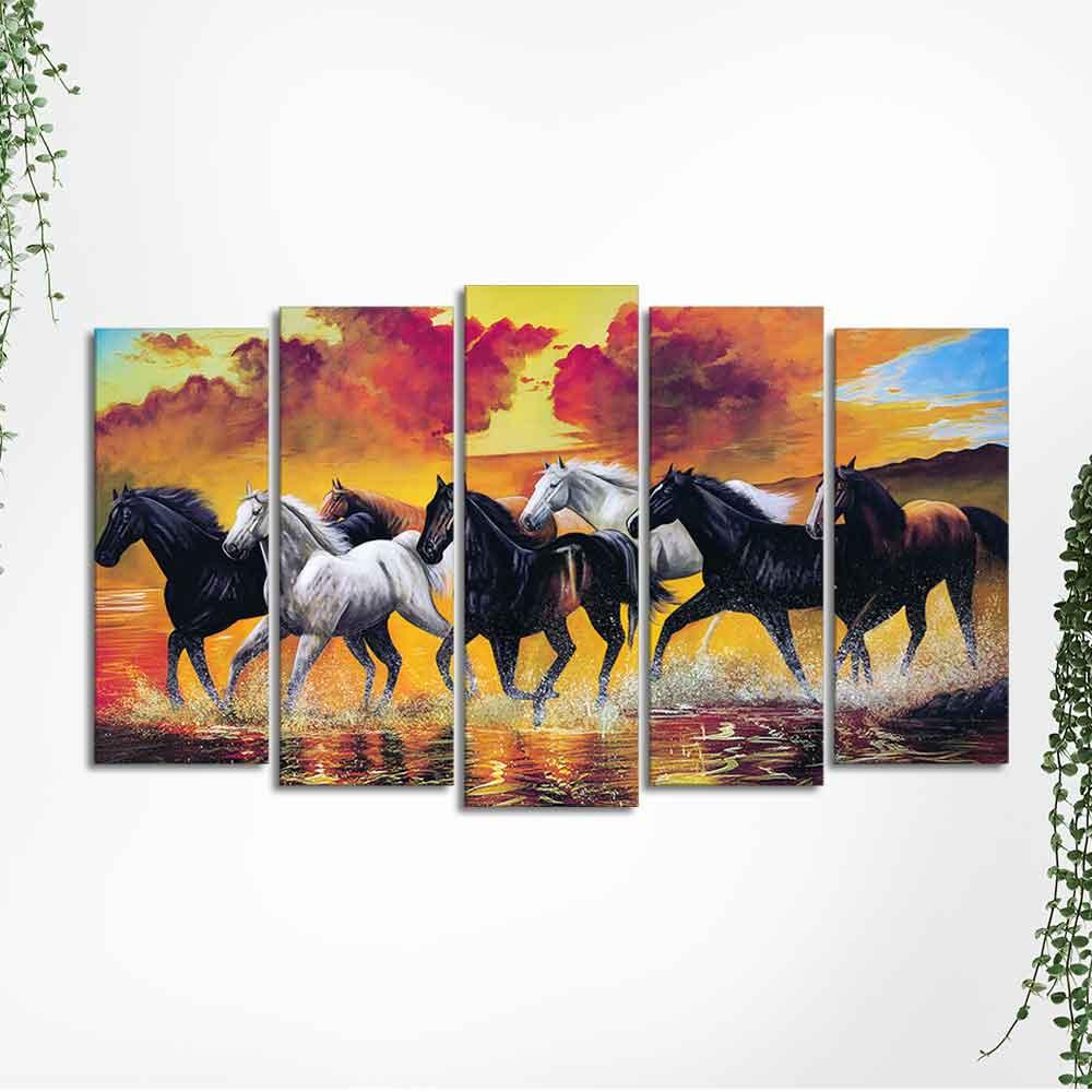 Running Seven Horses Wall Painting of Five Pieces - Decor Smart