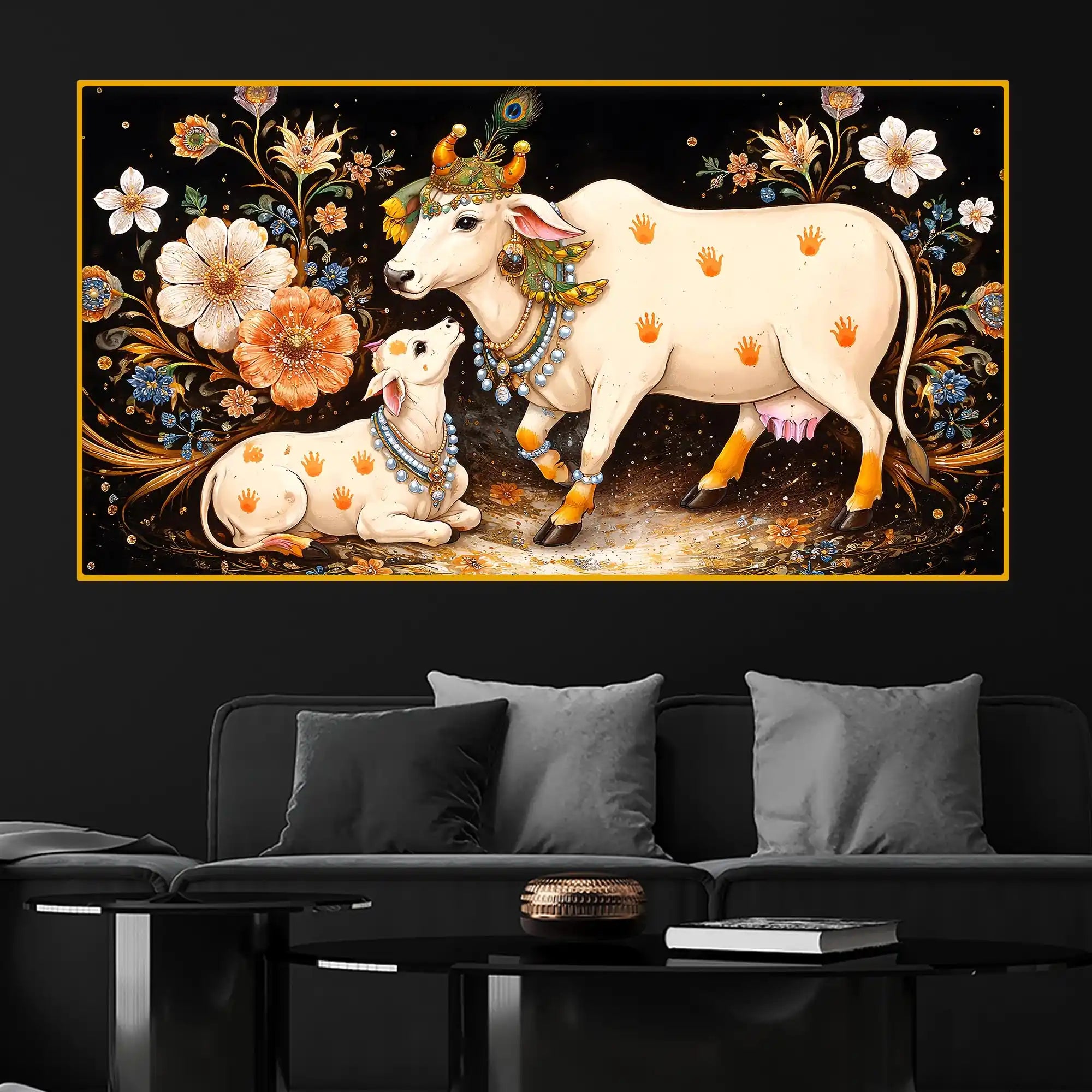Sacred Cow and Calf Crystal Glass Wall Painting for Premium Religious Décor