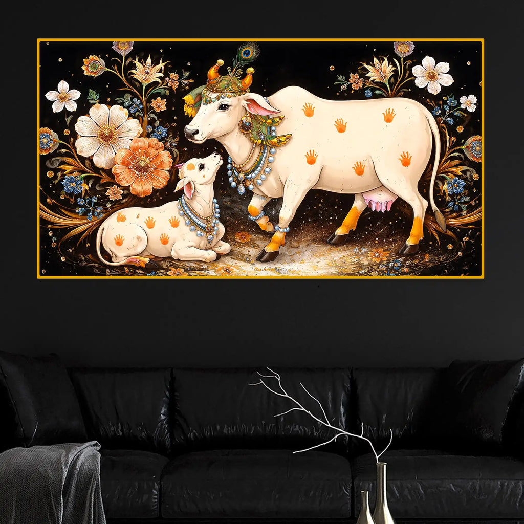 Sacred Cow and Calf Crystal Glass Wall Painting for Premium Religious Décor