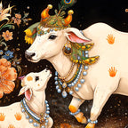 Sacred Cow and Calf Crystal Glass Wall Painting for Premium Religious Décor