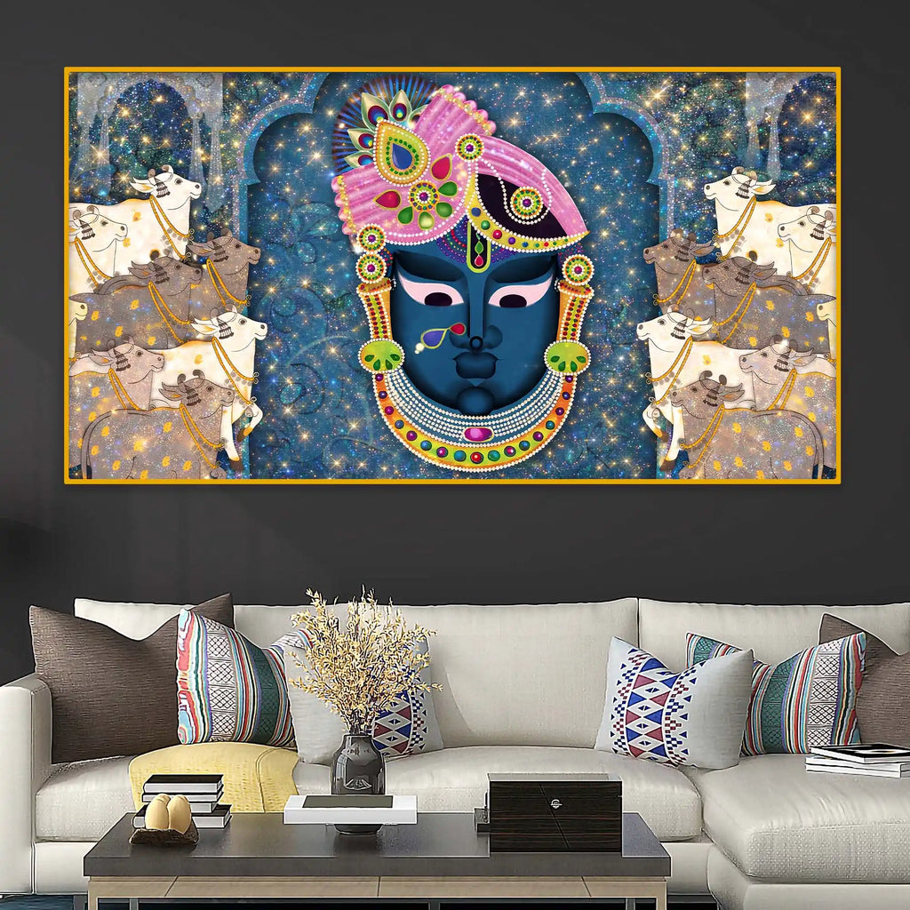 Sacred Shrinath Ji with Gau Mata Painting Crystal Glass Wall Décor for Positive Energy Home