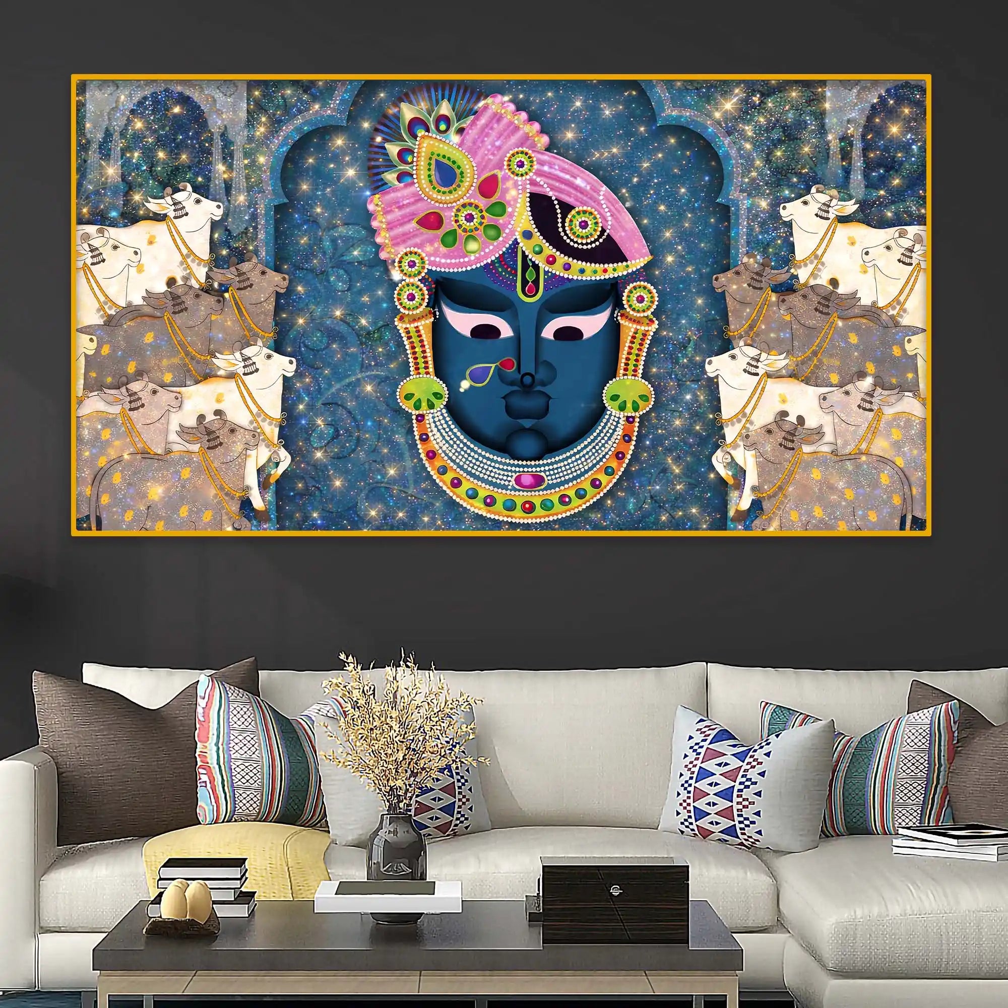 Sacred Shrinath Ji with Gau Mata Painting Crystal Glass Wall Décor for Positive Energy Home
