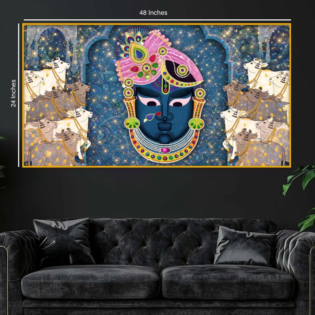 Sacred Shrinath Ji with Gau Mata Painting Crystal Glass Wall Décor for Positive Energy Home