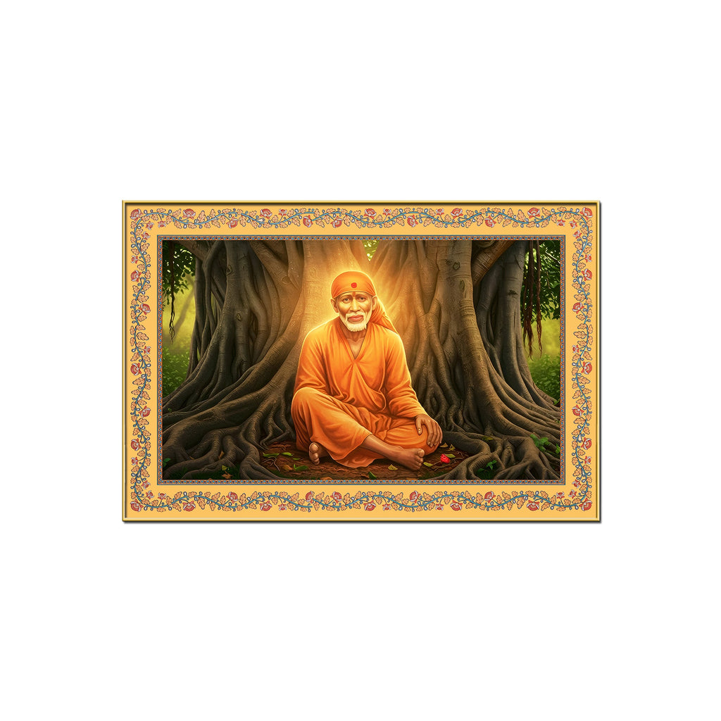Sai Baba Under the Tree Floral Border Canvas Wall Painting