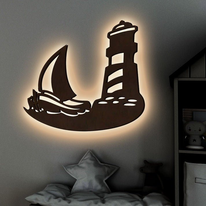 Sailboat Lighthouse Backlit Wooden Wall Decor with LED Night Light Walnut Finish - Decor Smart