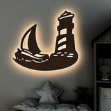 Sailboat Lighthouse Backlit Wooden Wall Decor with LED Night Light Walnut Finish - Decor Smart