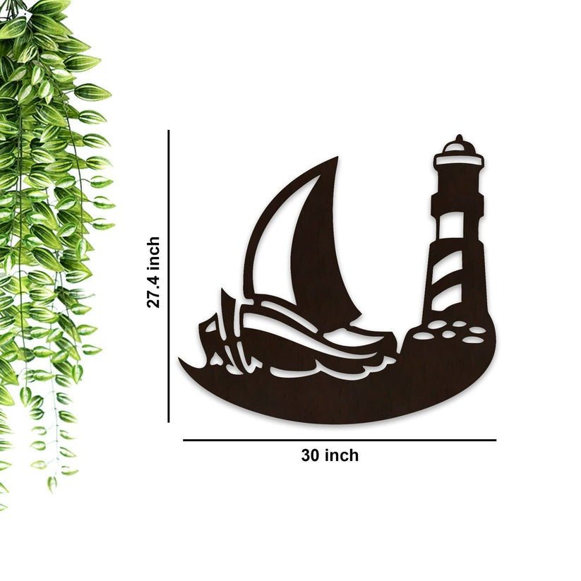 Sailboat Lighthouse Backlit Wooden Wall Decor with LED Night Light Walnut Finish - Decor Smart