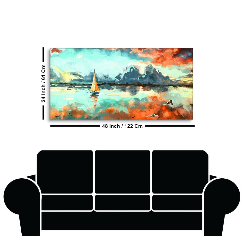 Sailing Boat in Lake at Sunset Premium Canvas Wall Painting - Decor Smart