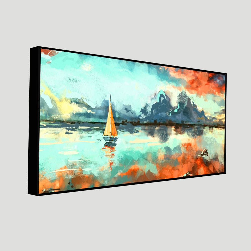 Sailing Boat in Lake at Sunset Premium Canvas Wall Painting - Decor Smart