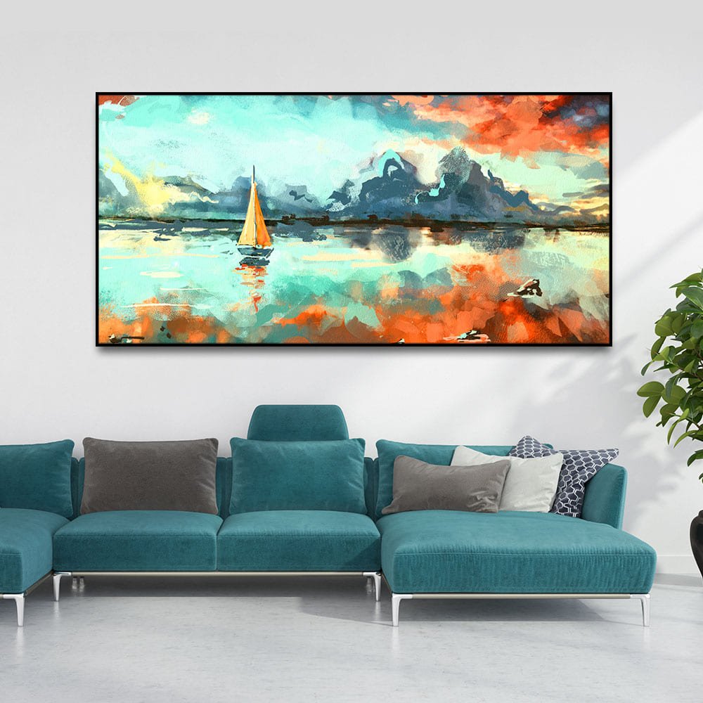 Sailing Boat in Lake at Sunset Premium Canvas Wall Painting - Decor Smart
