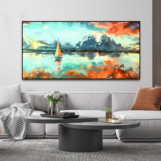 Sailing Boat in Lake at Sunset Premium Canvas Wall Painting - Decor Smart