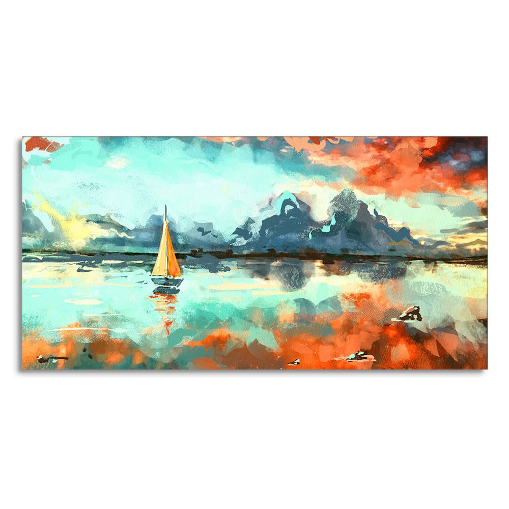 Sailing Boat in Lake at Sunset Premium Canvas Wall Painting - Decor Smart