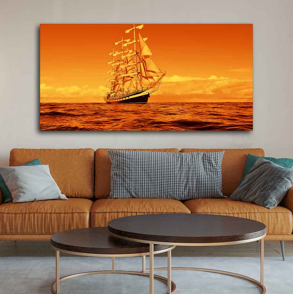 Sailing Ship in a Beautiful Golden Hour Premium Wall Painting - Decor Smart