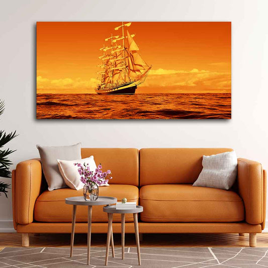 Sailing Ship in a Beautiful Golden Hour Premium Wall Painting - Decor Smart