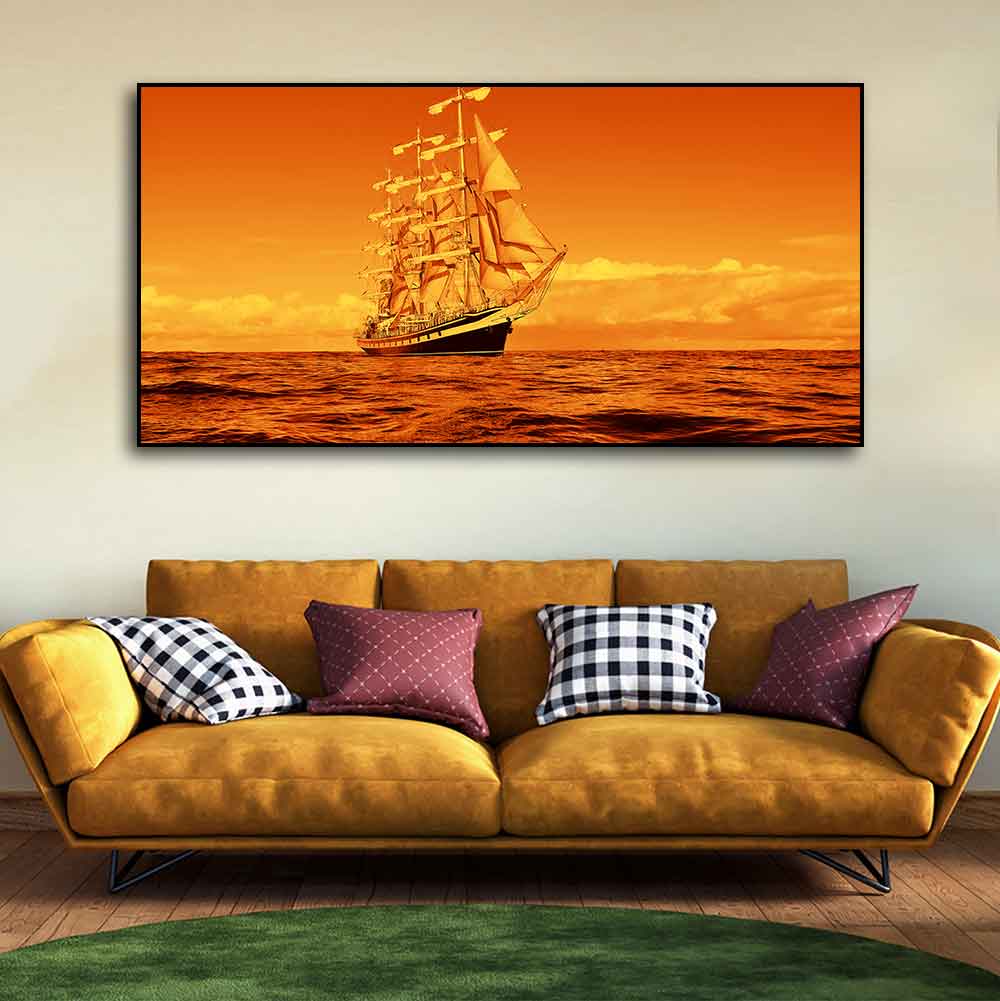 Sailing Ship in a Beautiful Golden Hour Premium Wall Painting - Decor Smart
