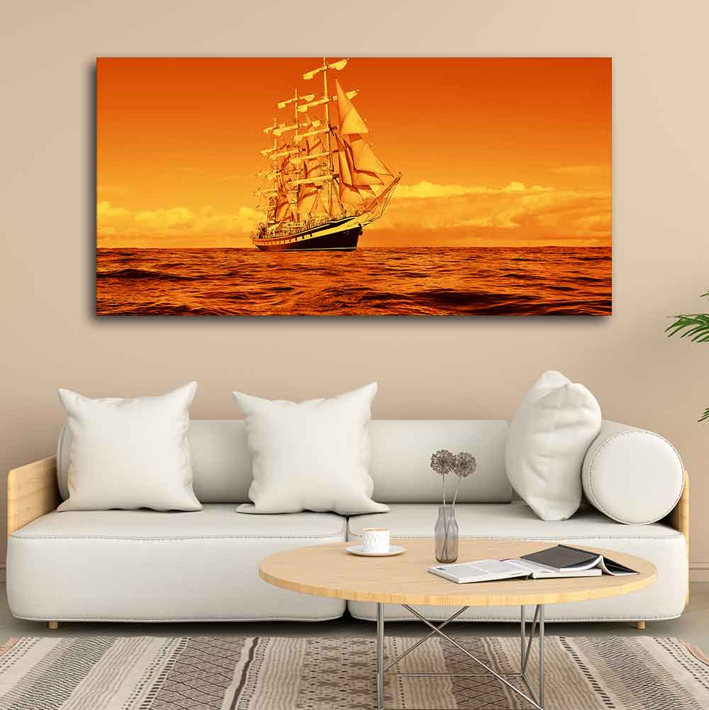 Sailing Ship in a Beautiful Golden Hour Premium Wall Painting - Decor Smart