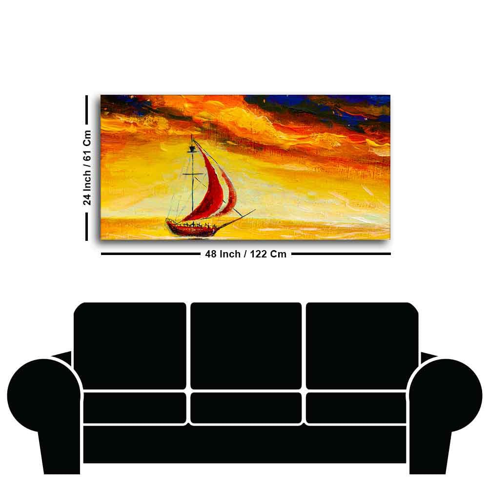 Sailing Ship with Red Sails with Yellow Sea Background Wall Painting - Decor Smart
