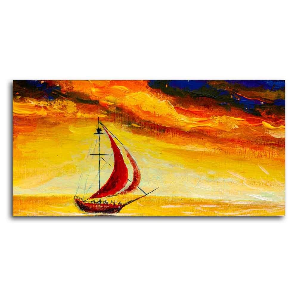 Sailing Ship with Red Sails with Yellow Sea Background Wall Painting - Decor Smart