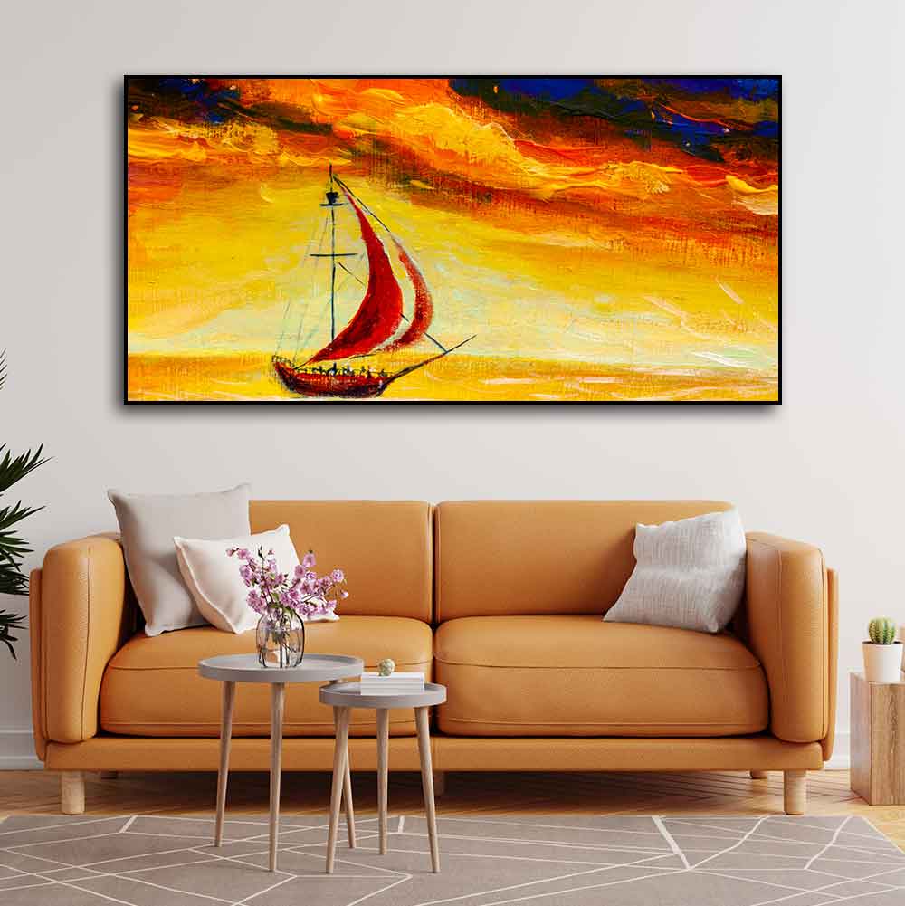 Sailing Ship with Red Sails with Yellow Sea Background Wall Painting - Decor Smart
